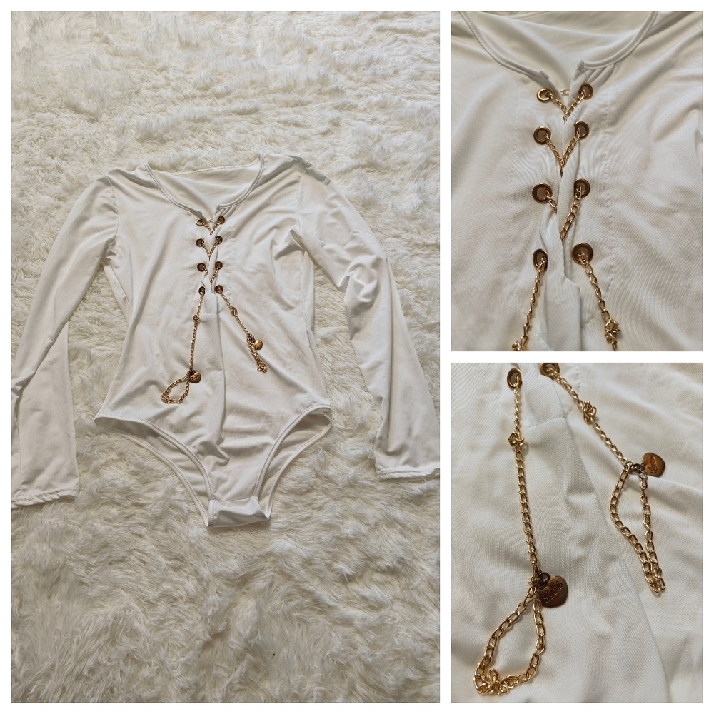 3for20🤍 Unique White Bodysuit with Gold Accents